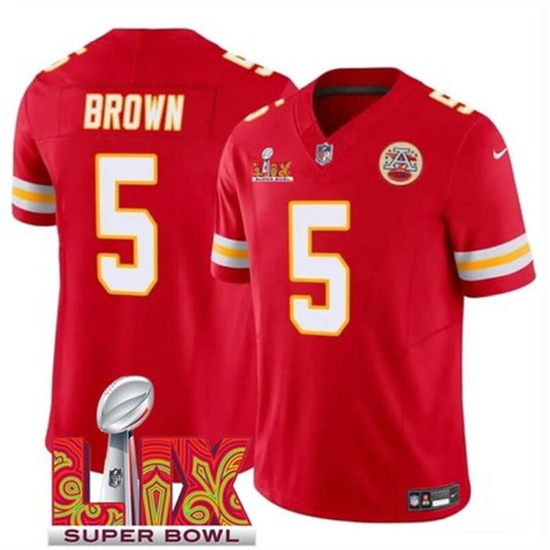 686276bcdccee_1 Men's Kansas City Chiefs #5 Hollywood Brown Red 2025 Super Bowl LIX Patch F.U.S.E. Vapor Limited Stitched Football Jersey