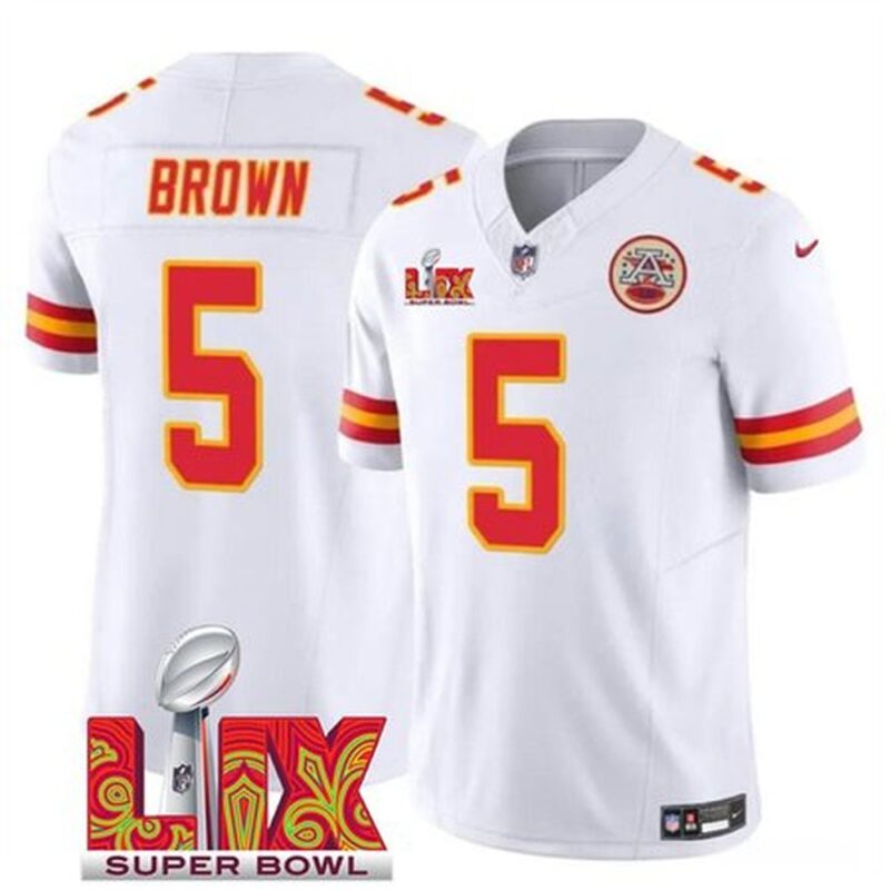 686276c076699_1 Men's Kansas City Chiefs #5 Hollywood Brown White 2025 Super Bowl LIX Patch F.U.S.E. Vapor Limited Stitched Football Jersey