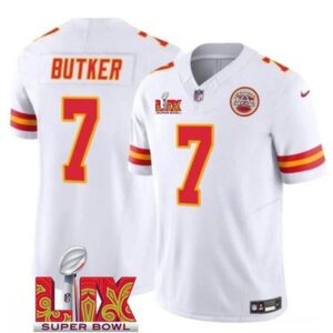 686276cdd3c76_1 Men's Kansas City Chiefs #7 Harrison Butker White 2025 Super Bowl LIX Patch F.U.S.E. Vapor Limited Stitched Football Jersey