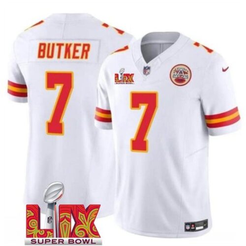 686276cdd3c76_1 Men's Kansas City Chiefs #7 Harrison Butker White 2025 Super Bowl LIX Patch F.U.S.E. Vapor Limited Stitched Football Jersey