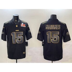 686276d47e68c_1 Men's Kansas City Chiefs #15 Patrick Mahomes Black/Gold 2025 Super Bowl LIX Patch Vapor Limited Stitched Football Jersey