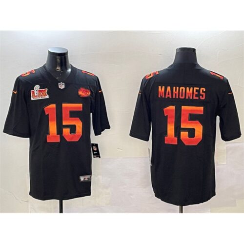 686276d7edde1_1 Men's Kansas City Chiefs #15 Patrick Mahomes Black 2025 Super Bowl LIX Patch Fashion Vapor Limited Stitched Football Jersey