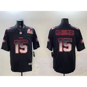 686276db96afa_1 Men's Kansas City Chiefs #15 Patrick Mahomes Black 2025 Super Bowl LIX Patch Smoke Fashion Vapor Limited Stitched Football Jersey