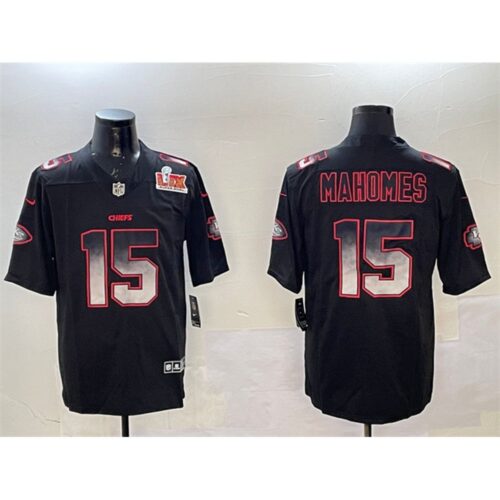 686276db96afa_1 Men's Kansas City Chiefs #15 Patrick Mahomes Black 2025 Super Bowl LIX Patch Smoke Fashion Vapor Limited Stitched Football Jersey