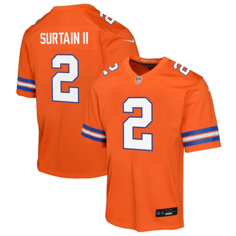 6862773854abc_1 Youth Denver Broncos Patrick Surtain II Orange Mile High Collection 1977 Throwback Game Jersey