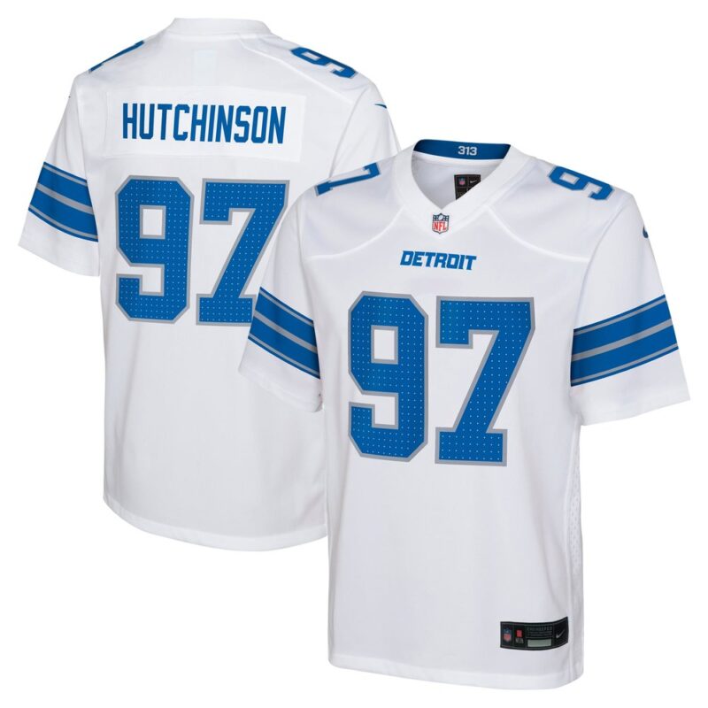 6862796caa0b0_1 Youth Detroit Lions #97 Aidan Hutchinson White Player Game Jersey
