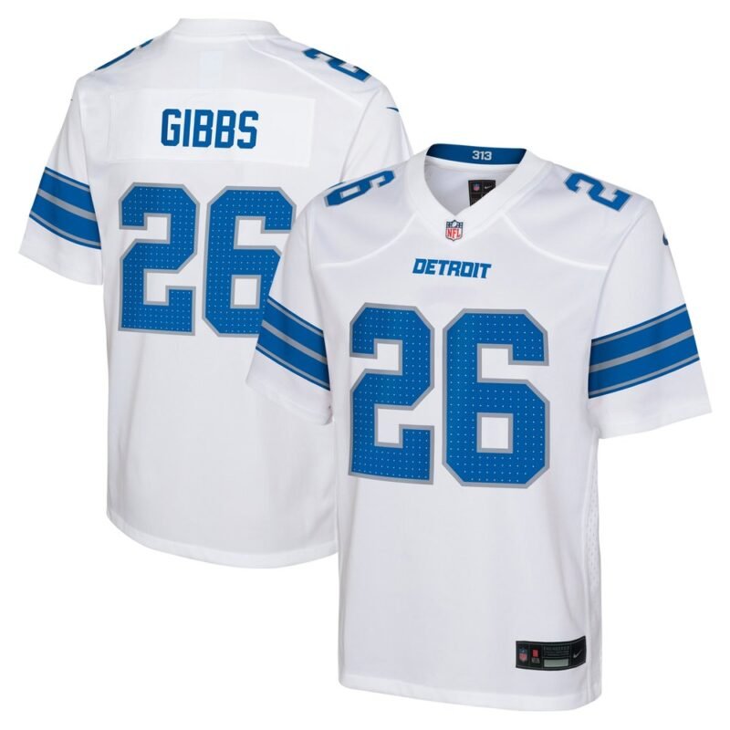 Youth Detroit Lions #26 Jahmyr Gibbs  White Player Game Jersey