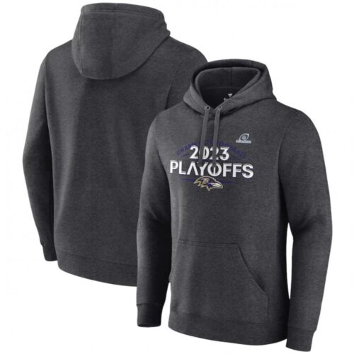 68627e6d5e8b8_1 Men's Baltimore Ravens Heather Charcoal 2023 Playoffs Fleece Pullover Hoodie