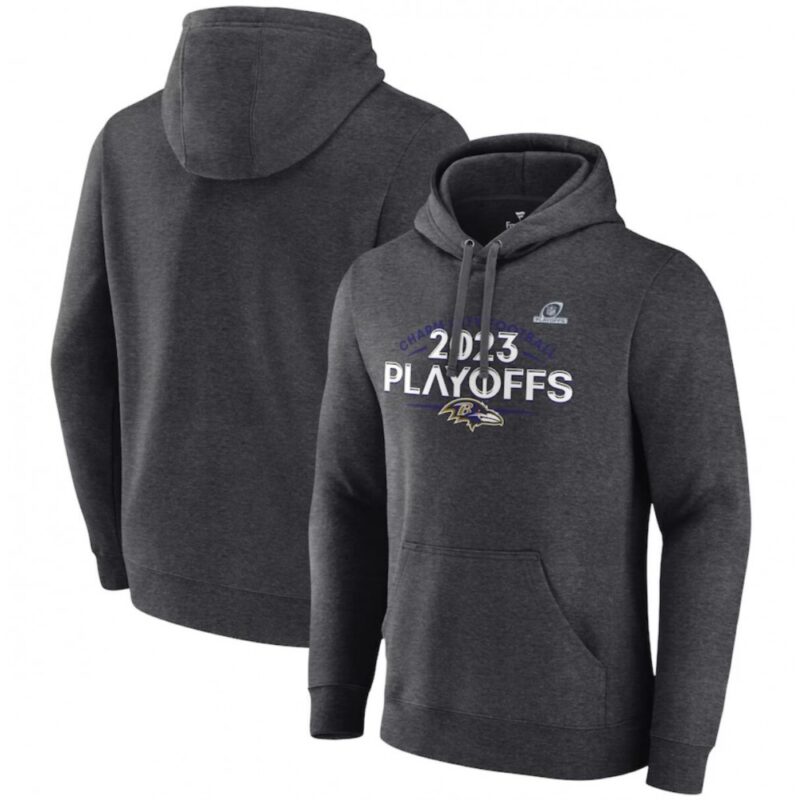 68627e6d5e8b8_1 Men's Baltimore Ravens Heather Charcoal 2023 Playoffs Fleece Pullover Hoodie