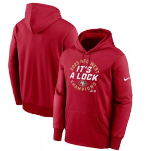 68627f09e0490_1 Men's San Francisco 49ers Scarlet 2023 NFC West Division Champions Locker Room Trophy Collection Pullover Hoodie