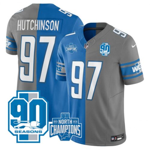 68627f70c075e_1 Men's Detroit Lions #97 Aidan Hutchinson Blue/Grey Split 2023 F.U.S.E. 90th Anniversary NFC North Division Champions Vapor Untouchable Limited Stitched Jersey