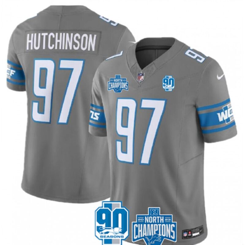68627f7b85370_1 Men's Detroit Lions #97 Aidan Hutchinson Grey 2023 F.U.S.E. 90th Anniversary NFC North Division Champions Vapor Untouchable Limited Stitched Jersey