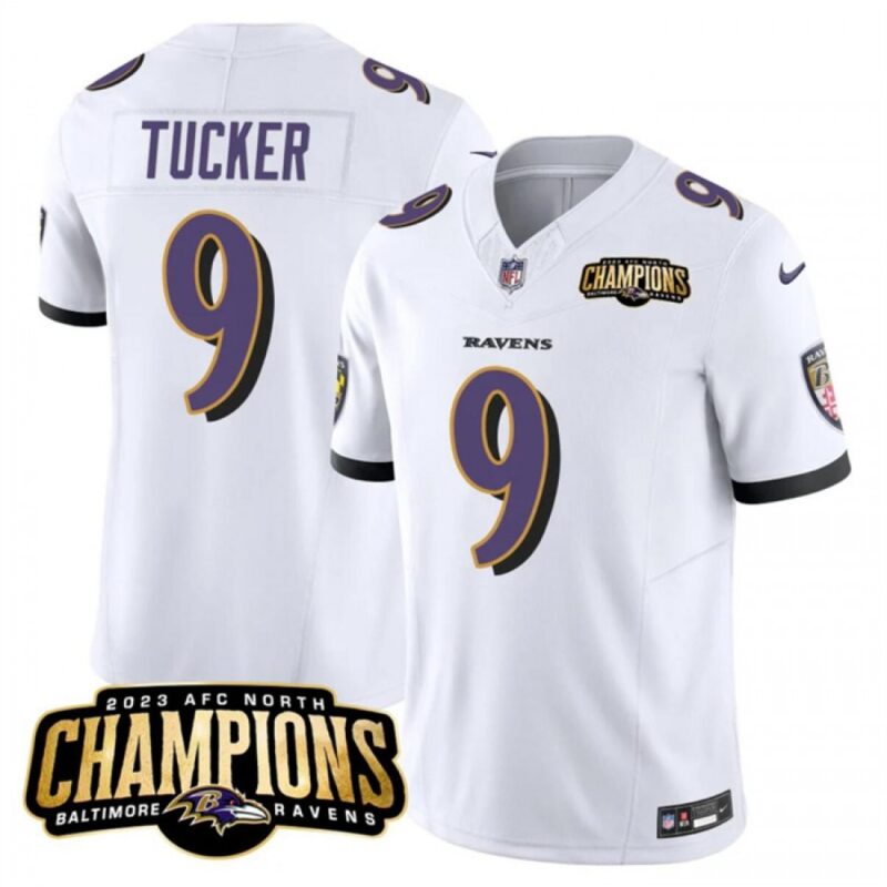 68627fe686cc7_1 Men's Baltimore Ravens #9 Justin Tucker White 2023 F.U.S.E. AFC North Champions Vapor Limited Football Jersey