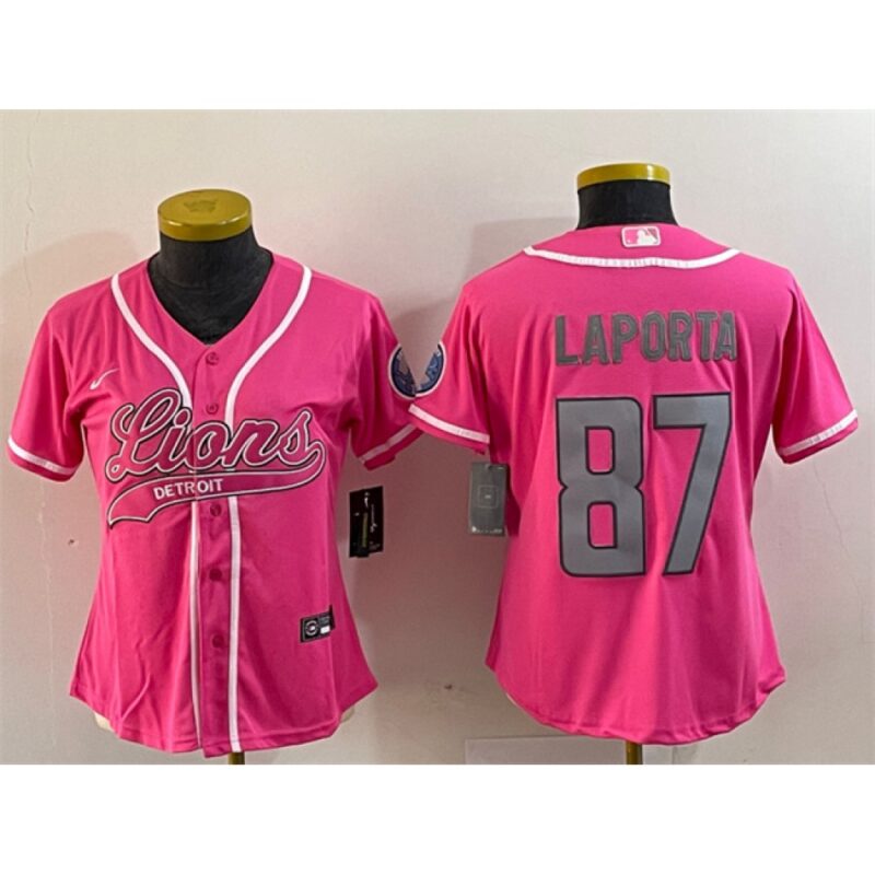 68627ffd7595a_1 Youth Detroit Lions #87 Sam LaPorta Pink With Patch Cool Base Stitched Baseball Jersey