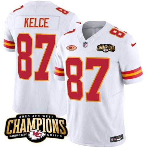 68628007b79c4_1 Men's Kansas City Chiefs #87 Travis Kelce White 2023 F.U.S.E. AFC West Champions With "NKH" Patch Vapor Untouchable Limited Stitched Jersey