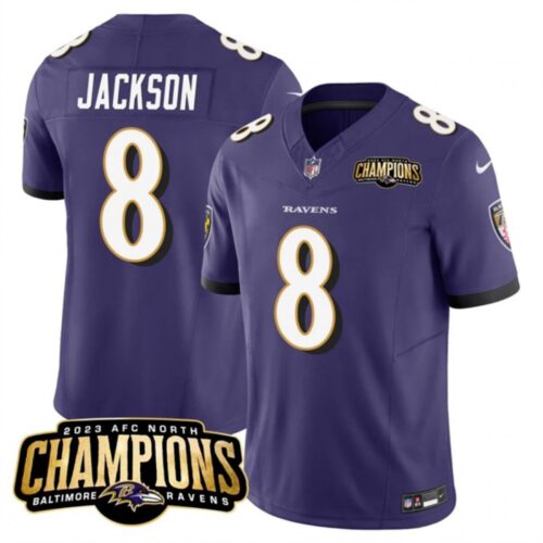 68628034af91c_1 Men's Baltimore Ravens #8 Lamar Jackson Purple 2023 F.U.S.E. AFC North Champions Vapor Limited Football Jersey
