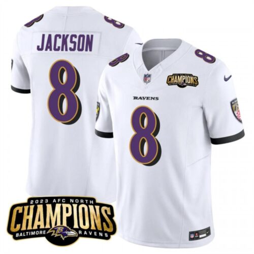 6862803844dad_1 Men's Baltimore Ravens #8 Lamar Jackson White 2023 F.U.S.E. AFC North Champions Vapor Limited Football Jersey