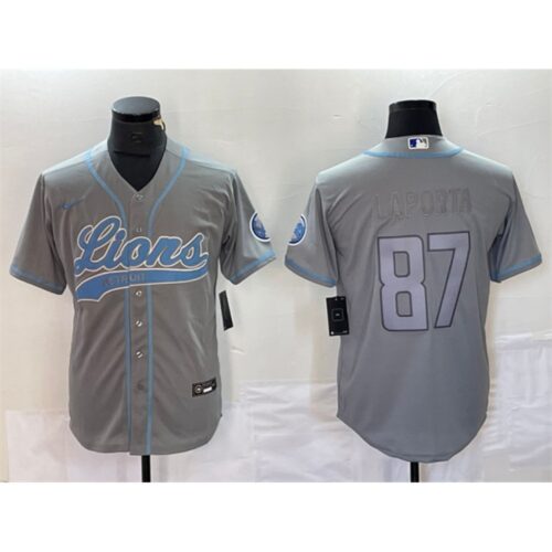 6862805b617c0_1 Men's Detroit Lions #87 Sam LaPorta Grey Cool Base Stitched Baseball Jersey