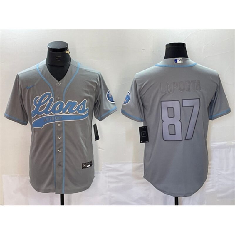 6862805b617c0_1 Men's Detroit Lions #87 Sam LaPorta Grey Cool Base Stitched Baseball Jersey