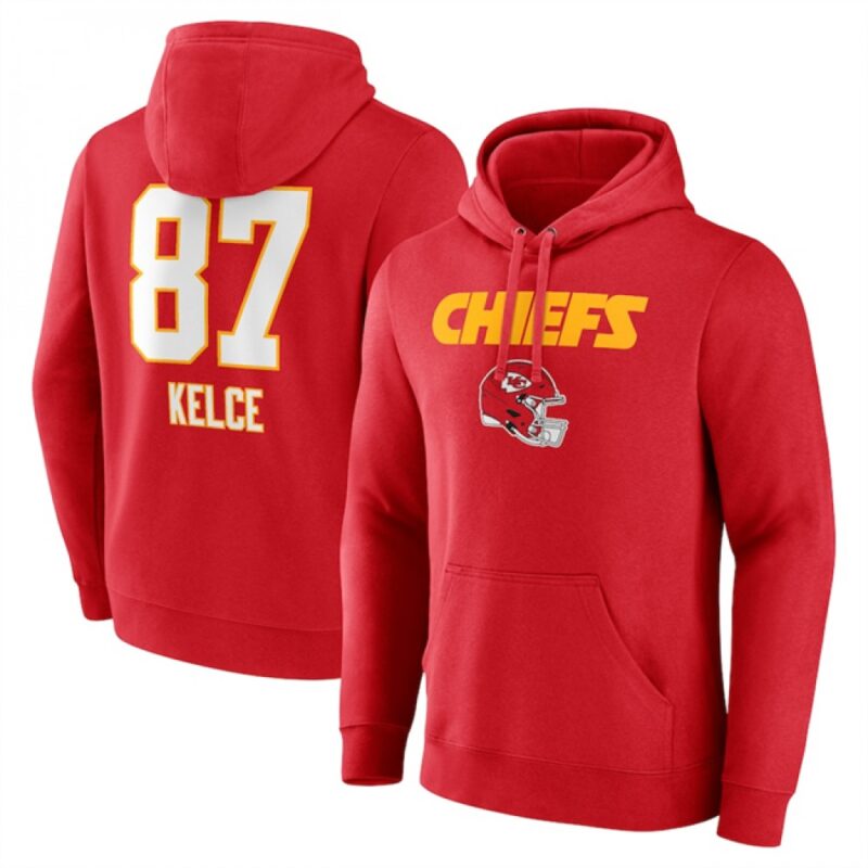 6862809199ecd_1 Men's Kansas City Chiefs #87 Travis Kelce Red Wordmark Player Name & Number Pullover Hoodie