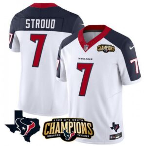 686281044618f_1 Men's Houston Texans #7 C.J. Stroud White/Navy 2023 F.U.S.E. AFC South Champions Patch And Team Logo Patch Vapor Untouchable Limited Stitched Football Jersey