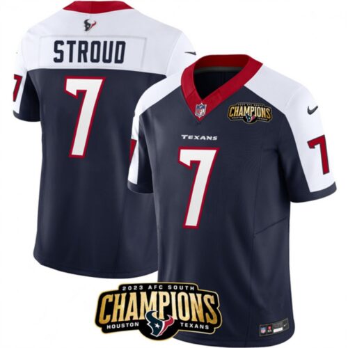 6862811e4e55a_1 Men's Houston Texans #7 C.J. Stroud Navy/White 2023 F.U.S.E. AFC South Champions Patch Limited Stitched Football Jersey