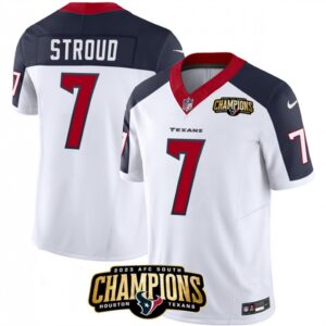 6862812204175_1 Men's Houston Texans #7 C.J. Stroud White/Navy 2023 F.U.S.E. AFC South Champions Patch Limited Stitched Football Jersey