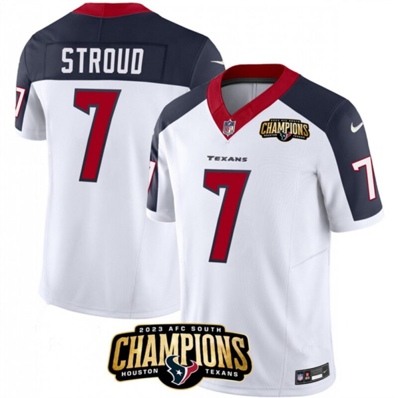 6862812204175_1 Men's Houston Texans #7 C.J. Stroud White/Navy 2023 F.U.S.E. AFC South Champions Patch Limited Stitched Football Jersey
