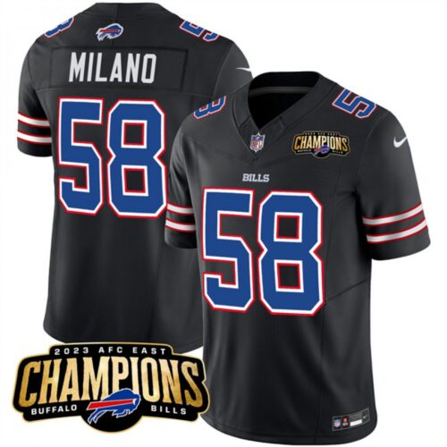 6862819c0c00c_1 Men's Buffalo Bills #58 Matt Milano Black 2023 F.U.S.E. AFC East Champions Ptach Stitched Football Jersey