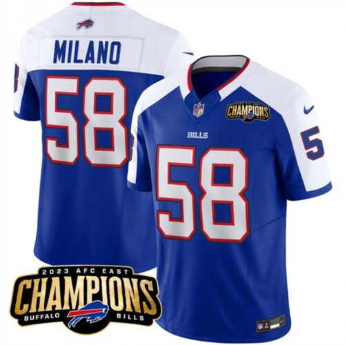 6862819fd1a5c_1 Men's Buffalo Bills #58 Matt Milano Blue/White 2023 F.U.S.E. AFC East Champions Ptach Stitched Football Jersey