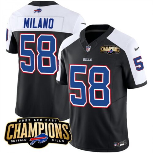 686281a388042_1 Men's Buffalo Bills #58 Matt Milano Black/White 2023 F.U.S.E. AFC East Champions Ptach Stitched Football Jersey