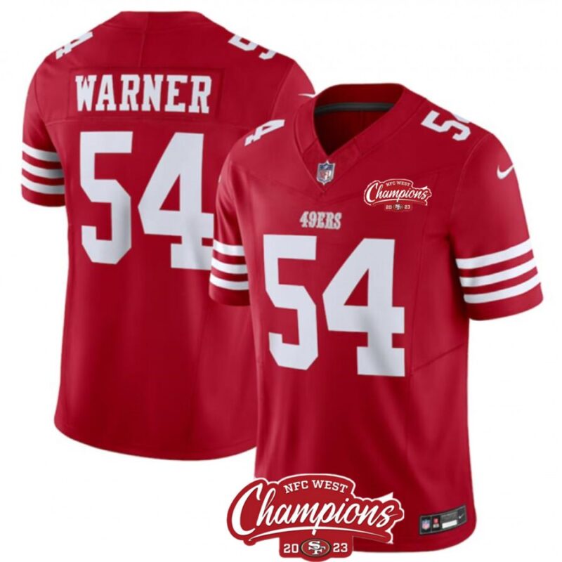 686281bd175b4_1 Men's San Francisco 49ers #54 Fred Warner Red 2023 F.U.S.E. NFC West Champions Patch Stitched Football Jersey