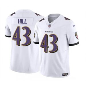 6862827428882_1 Men's Baltimore Ravens #43 Justice Hill White 2023 F.U.S.E. Vapor Limited Football Jersey