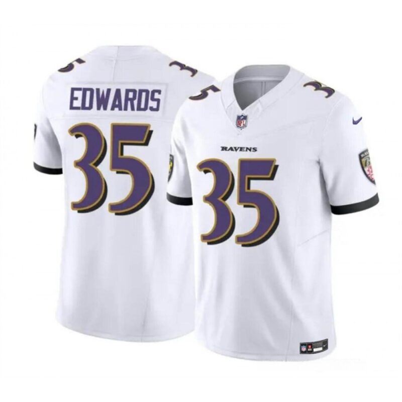 686282c4db5b7_1 Men's Baltimore Ravens #35 Gus Edwards White 2023 F.U.S.E. Vapor Limited Football Jersey