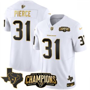 686282d05a2e6_1 Men's Houston Texans #31 Dameon Pierce White Golden 2023 F.U.S.E. With AFC South Champions Patch And Team Logo Patch Limited Stitched Football Jersey