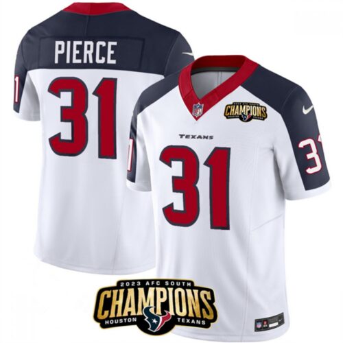6862835acf955_1 Men's Houston Texans #31 Dameon Pierce White/Navy 2023 F.U.S.E. AFC South Champions Patch Limited Stitched Football Jersey