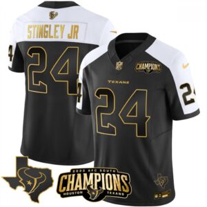 686283ad604dc_1 Men's Houston Texans #24 Derek Stingley Jr. Black/White Golden 2023 F.U.S.E. With AFC South Champions Patch And Team Logo Patch Limited Stitched Football Jersey