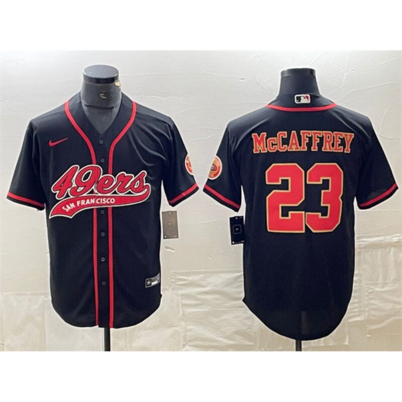 686283c387bf3_1 Men's San Francisco 49ers #23 Christian McCaffrey Black With Patch Cool Base Stitched Baseball Jersey