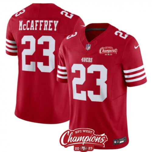 686283c7c6d9d_1 Men's San Francisco 49ers #23 Christian McCaffrey Red 2023 F.U.S.E. NFC West Champions Patch Stitched Football Jersey