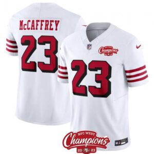 686283cb888b6_1 Men's San Francisco 49ers #23 Christian McCaffrey White 2023 F.U.S.E. NFC West Champions Patch Alternate Stitched Football Jersey