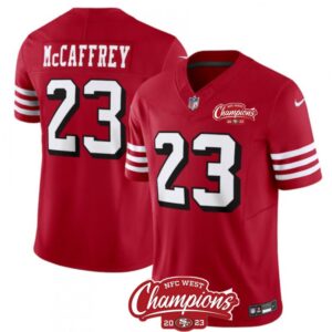 686283cf4baaa_1 Men's San Francisco 49ers #23 Christian McCaffrey Red 2023 F.U.S.E. NFC West Champions Patch Alternate Stitched Football Jersey