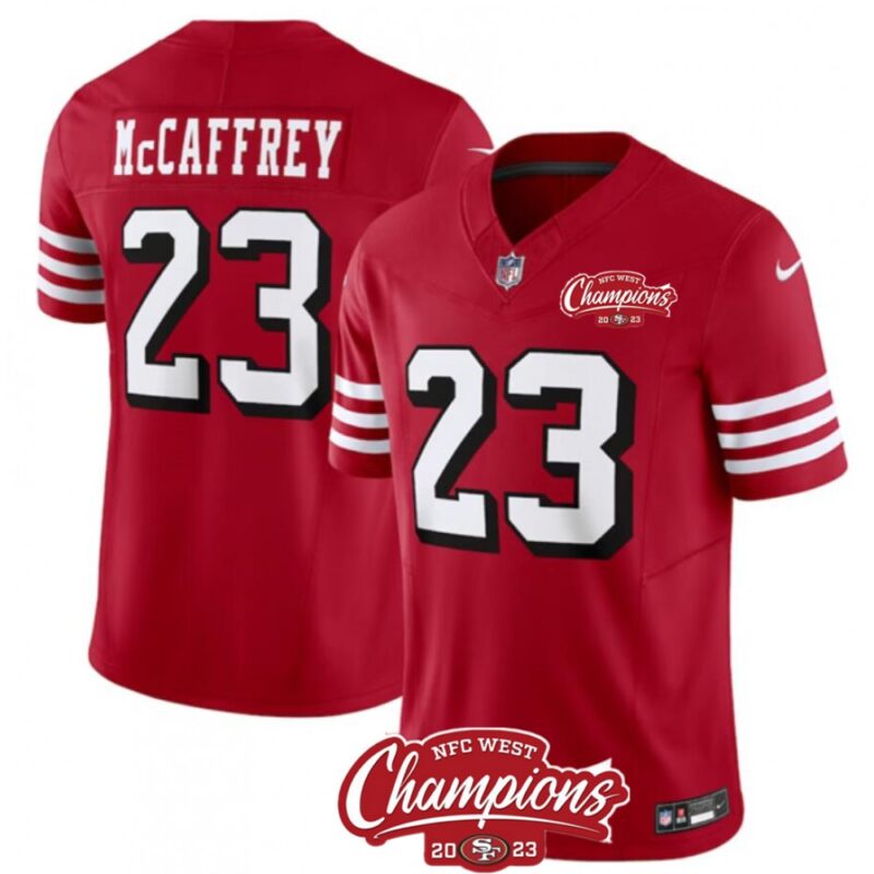 686283cf4baaa_1 Men's San Francisco 49ers #23 Christian McCaffrey Red 2023 F.U.S.E. NFC West Champions Patch Alternate Stitched Football Jersey