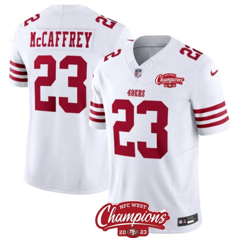 686283d30c684_1 Men's San Francisco 49ers #23 Christian McCaffrey White 2023 F.U.S.E. NFC West Champions Patch Stitched Football Jersey
