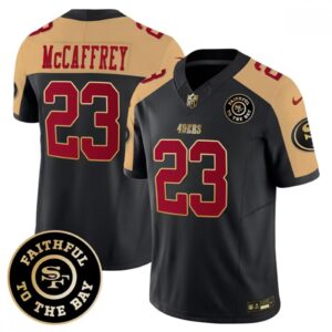 686283e5efc11_1 Men's San Francisco 49ers #23 Christian McCaffrey Black/Gold 2023 F.U.S.E. Faithful To The Bay Patch Stitched Jersey