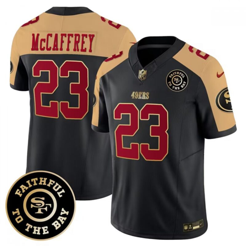 686283e5efc11_1 Men's San Francisco 49ers #23 Christian McCaffrey Black/Gold 2023 F.U.S.E. Faithful To The Bay Patch Stitched Jersey