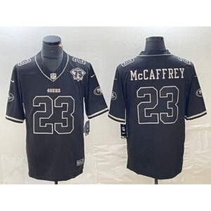 686283e9a76e5_1 Men's San Francisco 49ers #23 Christian McCaffrey Black With 75th Anniversary Patch Stitched Jersey