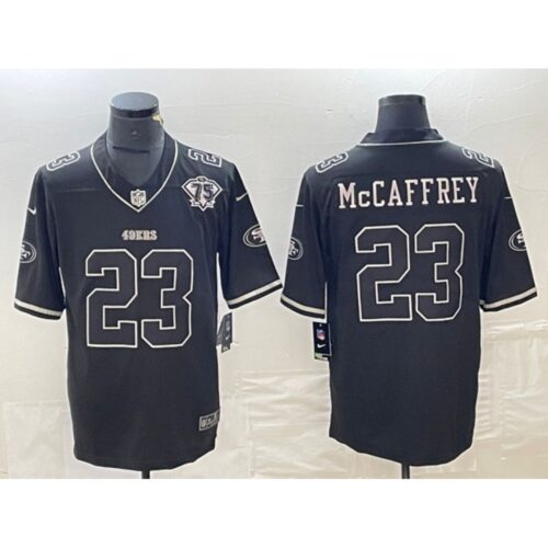 686283e9a76e5_1 Men's San Francisco 49ers #23 Christian McCaffrey Black With 75th Anniversary Patch Stitched Jersey