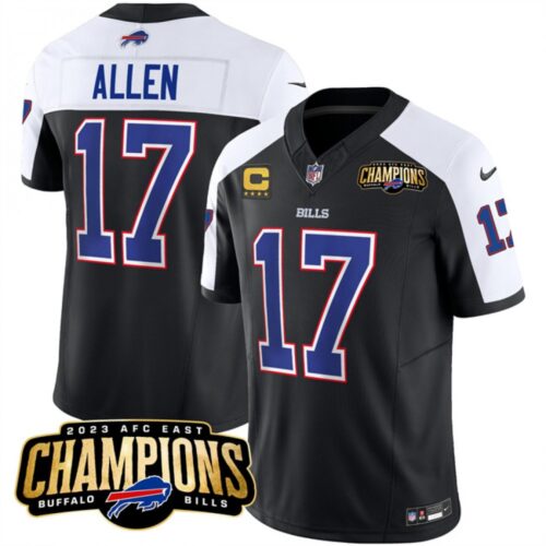 6862844768d04_1 Men's Buffalo Bills #17 Josh Allen Black/White 2023 F.U.S.E. AFC East Champions With 4-star C Ptach Stitched Football Jersey