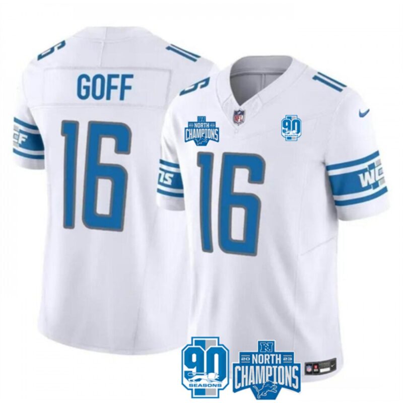 68628476b7cec_1 Men's Detroit Lions #16 Jared Goff White 2023 F.U.S.E. 90th Anniversary NFC North Division Champions Vapor Untouchable Limited Stitched Jersey