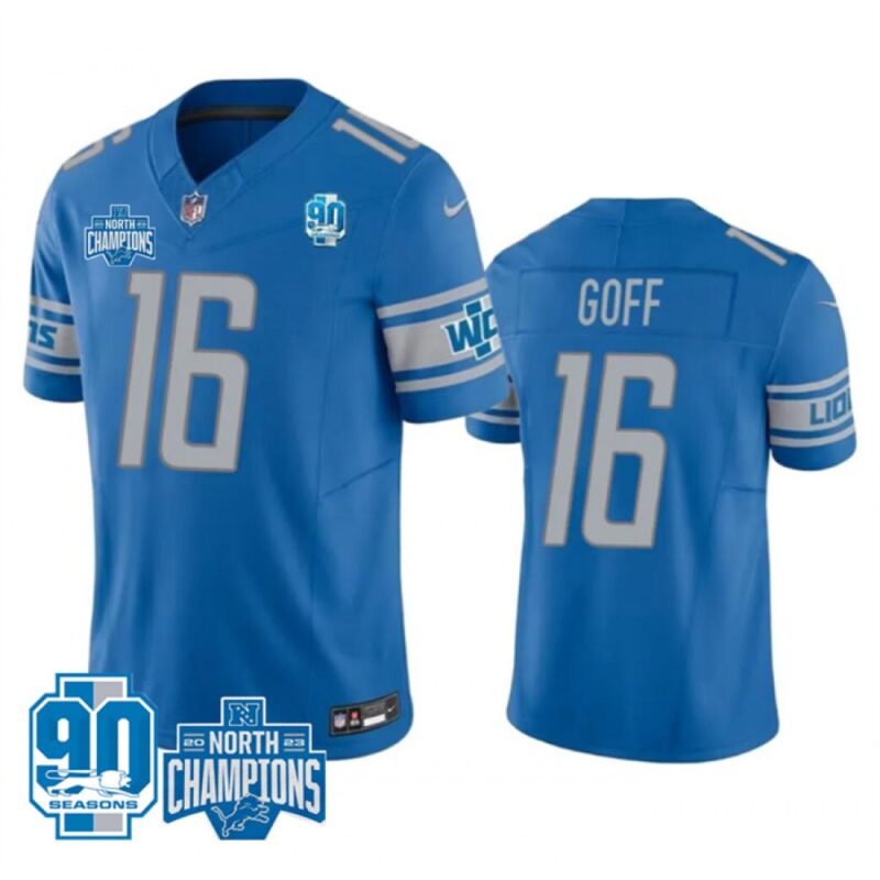 6862847a78c2c_1 Men's Detroit Lions #16 Jared Goff Blue 2023 F.U.S.E. 90th Anniversary NFC North Division Champions Vapor Untouchable Limited Stitched Jersey